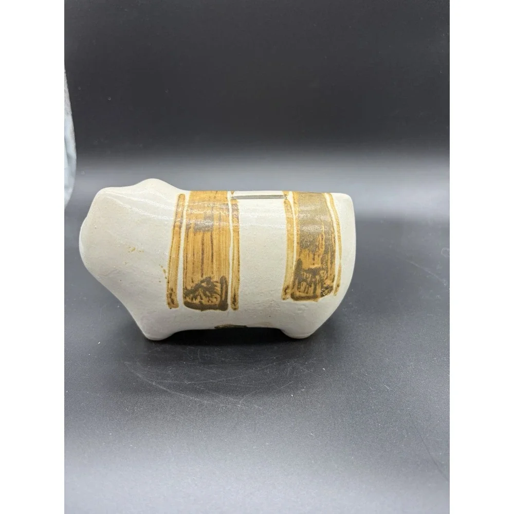 Vintage Pottery Cat Coin Bank Striped Flat Face Earth‎ Tone Decor